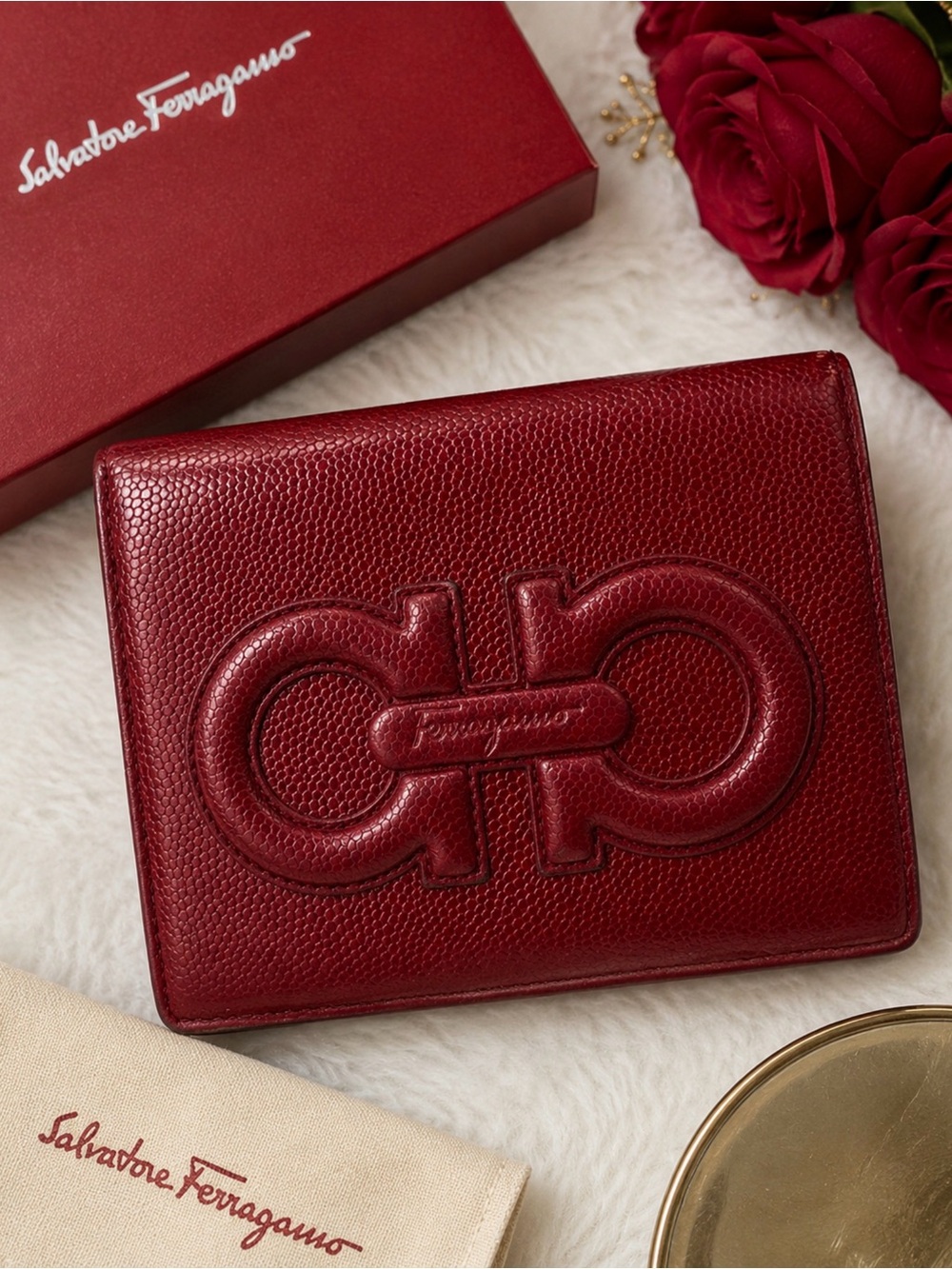 Salvatore Ferragamo Gancini Red Pebbled Leather Wallet Raised Logo Bifold Italy